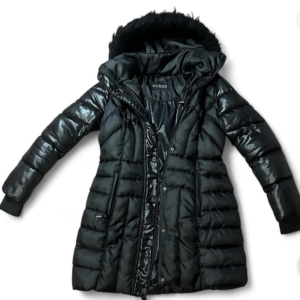 Guess Shiny Black Puffer Trench Coat